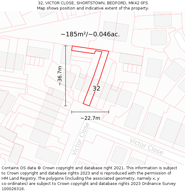 32, VICTOR CLOSE, SHORTSTOWN, BEDFORD, MK42 0FS: Plot and title map