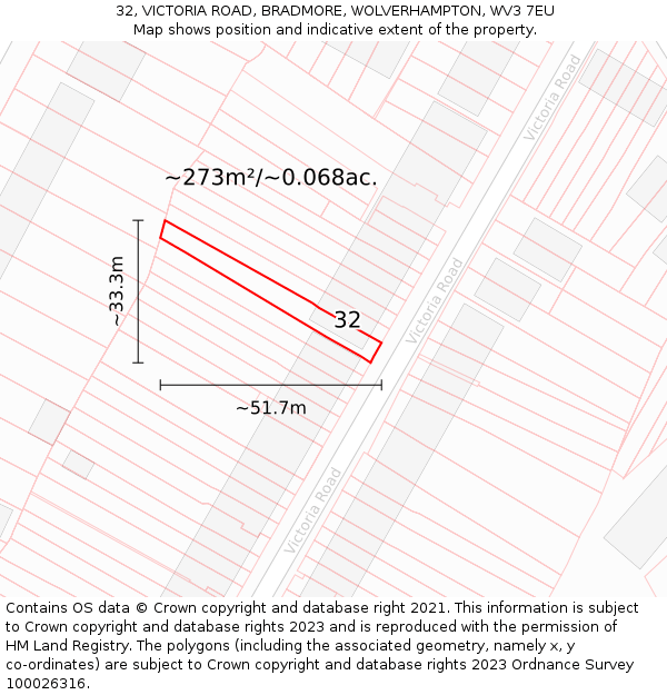 32, VICTORIA ROAD, BRADMORE, WOLVERHAMPTON, WV3 7EU: Plot and title map