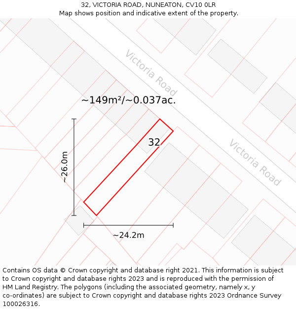 32, VICTORIA ROAD, NUNEATON, CV10 0LR: Plot and title map