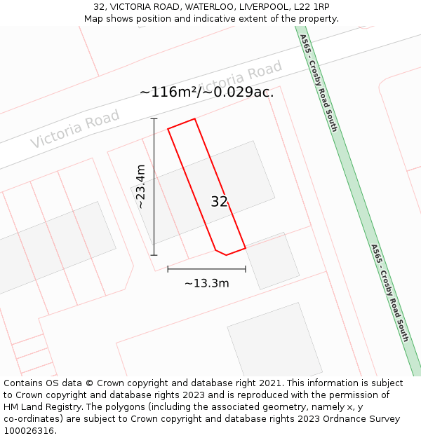32, VICTORIA ROAD, WATERLOO, LIVERPOOL, L22 1RP: Plot and title map