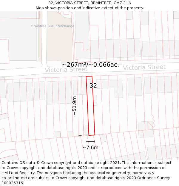 32, VICTORIA STREET, BRAINTREE, CM7 3HN: Plot and title map