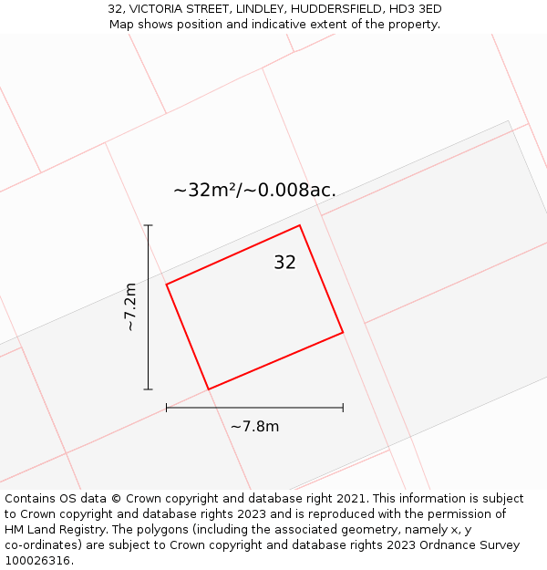 32, VICTORIA STREET, LINDLEY, HUDDERSFIELD, HD3 3ED: Plot and title map