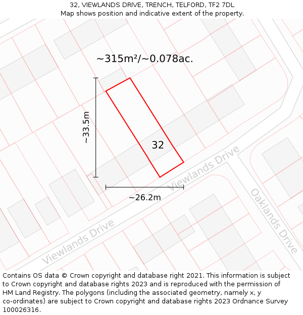 32, VIEWLANDS DRIVE, TRENCH, TELFORD, TF2 7DL: Plot and title map