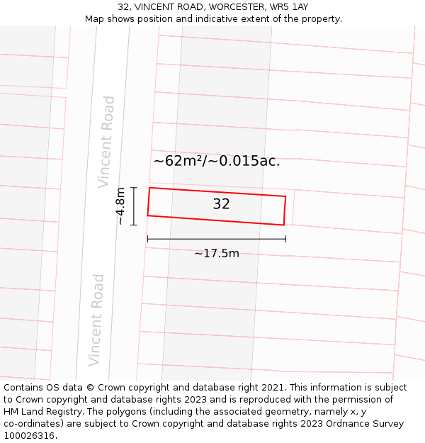 32, VINCENT ROAD, WORCESTER, WR5 1AY: Plot and title map