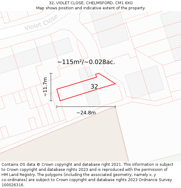 32, VIOLET CLOSE, CHELMSFORD, CM1 6XG: Plot and title map