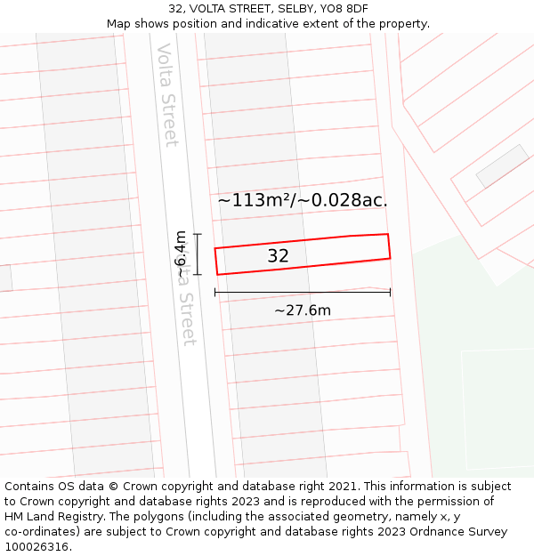 32, VOLTA STREET, SELBY, YO8 8DF: Plot and title map