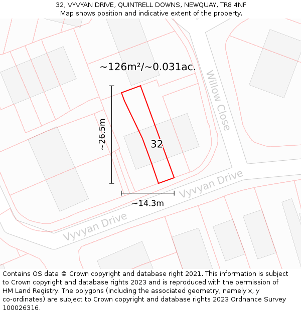 32, VYVYAN DRIVE, QUINTRELL DOWNS, NEWQUAY, TR8 4NF: Plot and title map