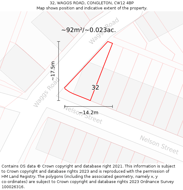 32, WAGGS ROAD, CONGLETON, CW12 4BP: Plot and title map