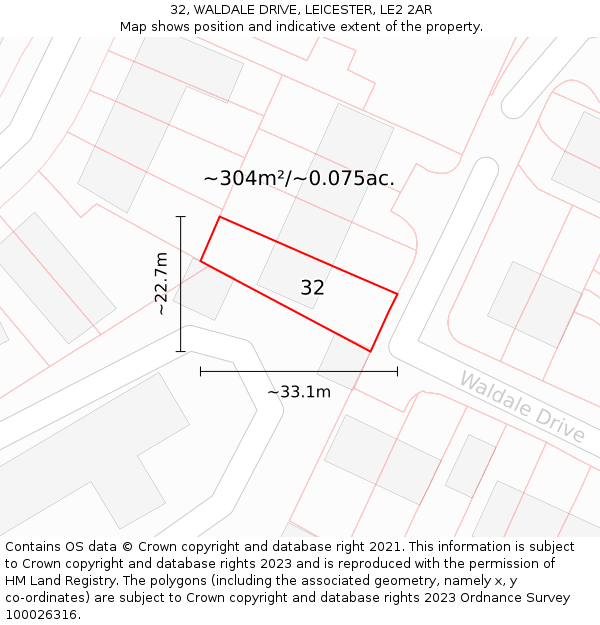 32, WALDALE DRIVE, LEICESTER, LE2 2AR: Plot and title map