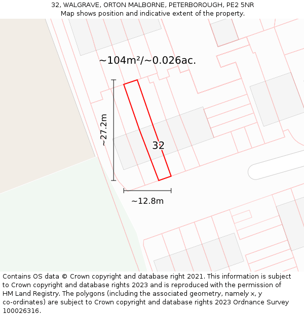 32, WALGRAVE, ORTON MALBORNE, PETERBOROUGH, PE2 5NR: Plot and title map