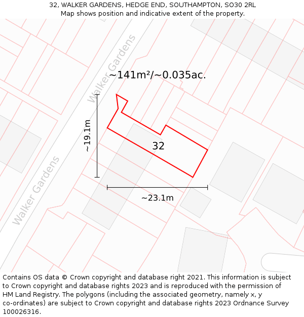 32, WALKER GARDENS, HEDGE END, SOUTHAMPTON, SO30 2RL: Plot and title map