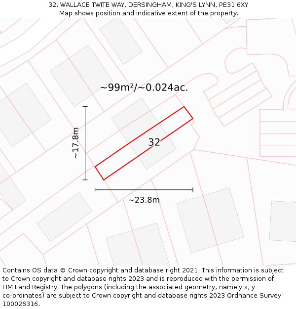 32, WALLACE TWITE WAY, DERSINGHAM, KING'S LYNN, PE31 6XY: Plot and title map