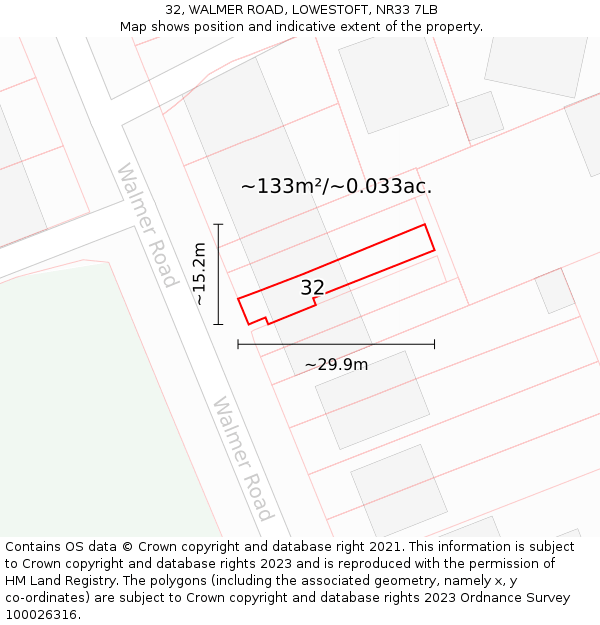 32, WALMER ROAD, LOWESTOFT, NR33 7LB: Plot and title map