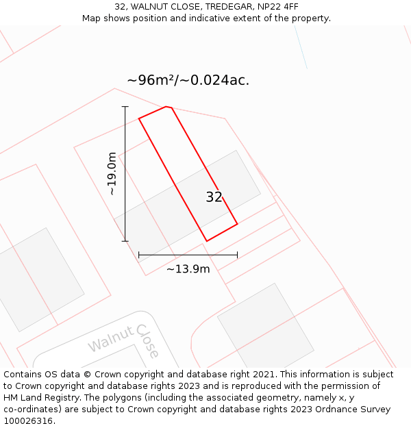 32, WALNUT CLOSE, TREDEGAR, NP22 4FF: Plot and title map