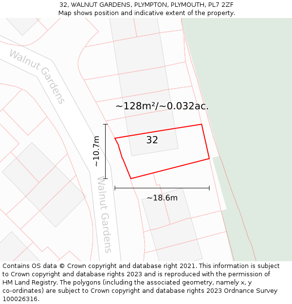 32, WALNUT GARDENS, PLYMPTON, PLYMOUTH, PL7 2ZF: Plot and title map
