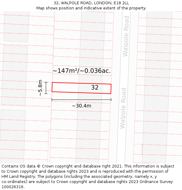 32, WALPOLE ROAD, LONDON, E18 2LL: Plot and title map