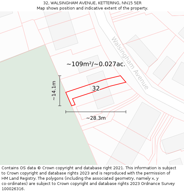 32, WALSINGHAM AVENUE, KETTERING, NN15 5ER: Plot and title map