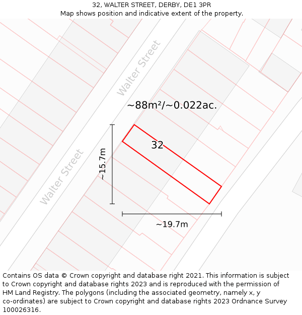 32, WALTER STREET, DERBY, DE1 3PR: Plot and title map
