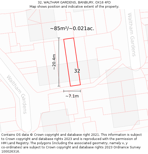 32, WALTHAM GARDENS, BANBURY, OX16 4FD: Plot and title map