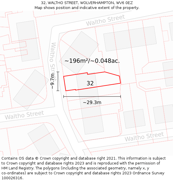 32, WALTHO STREET, WOLVERHAMPTON, WV6 0EZ: Plot and title map