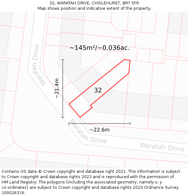 32, WARATAH DRIVE, CHISLEHURST, BR7 5FR: Plot and title map