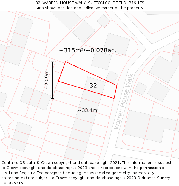 32, WARREN HOUSE WALK, SUTTON COLDFIELD, B76 1TS: Plot and title map
