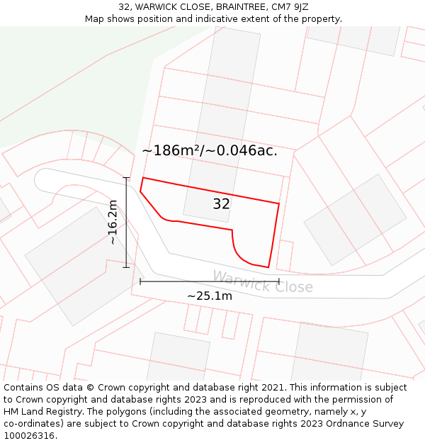 32, WARWICK CLOSE, BRAINTREE, CM7 9JZ: Plot and title map