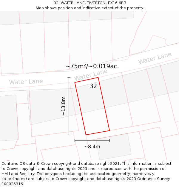 32, WATER LANE, TIVERTON, EX16 6RB: Plot and title map