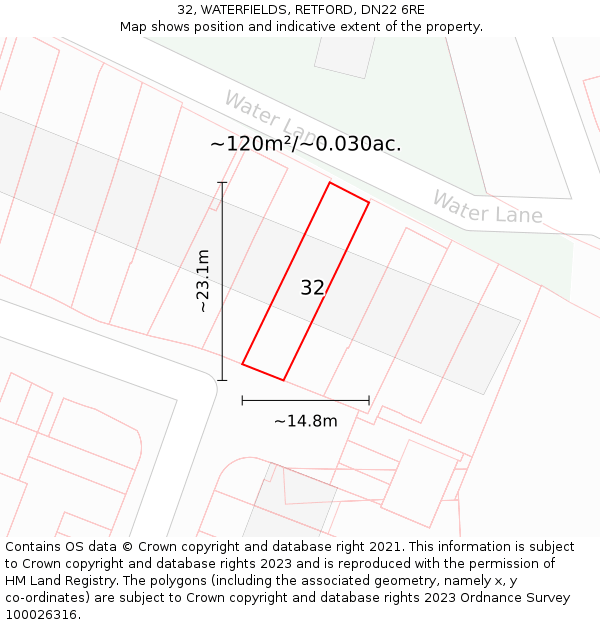 32, WATERFIELDS, RETFORD, DN22 6RE: Plot and title map