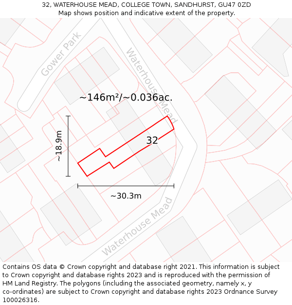 32, WATERHOUSE MEAD, COLLEGE TOWN, SANDHURST, GU47 0ZD: Plot and title map