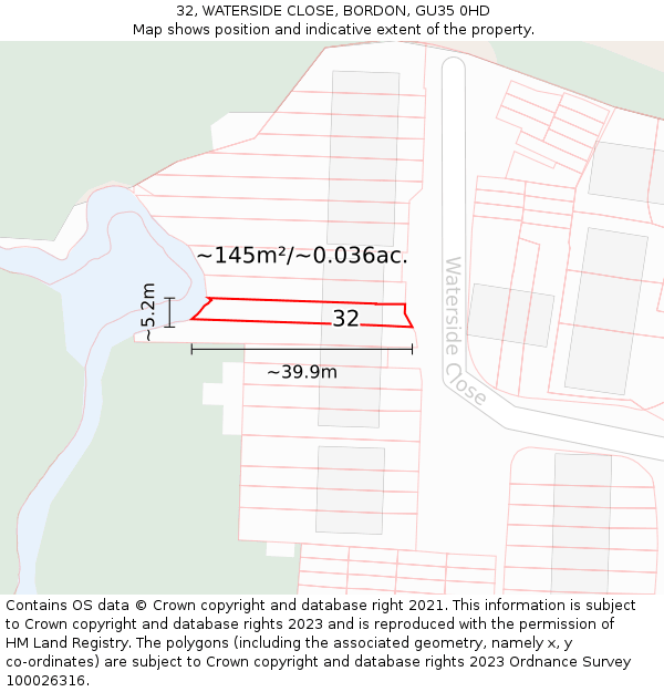 32, WATERSIDE CLOSE, BORDON, GU35 0HD: Plot and title map