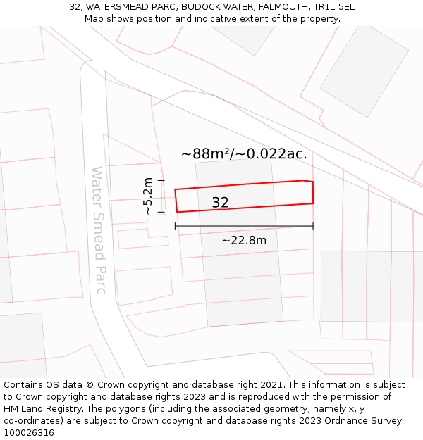 32, WATERSMEAD PARC, BUDOCK WATER, FALMOUTH, TR11 5EL: Plot and title map
