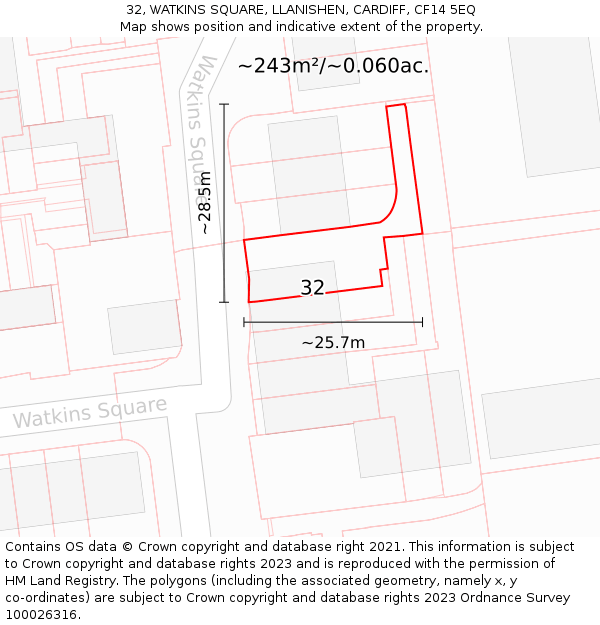 32, WATKINS SQUARE, LLANISHEN, CARDIFF, CF14 5EQ: Plot and title map