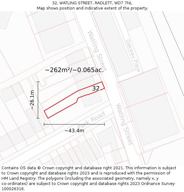 32, WATLING STREET, RADLETT, WD7 7NL: Plot and title map