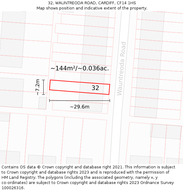 32, WAUNTREODA ROAD, CARDIFF, CF14 1HS: Plot and title map