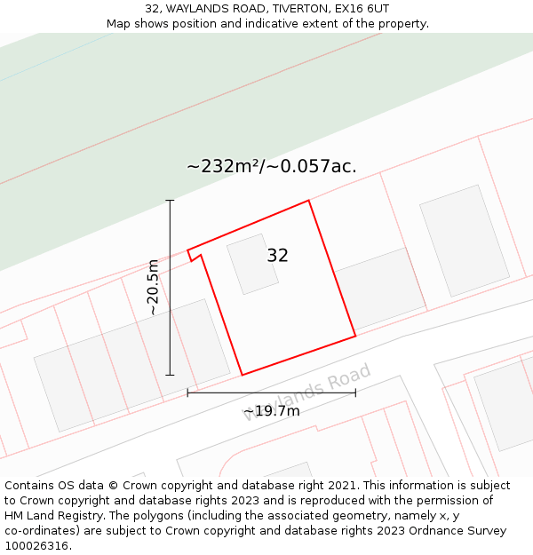 32, WAYLANDS ROAD, TIVERTON, EX16 6UT: Plot and title map