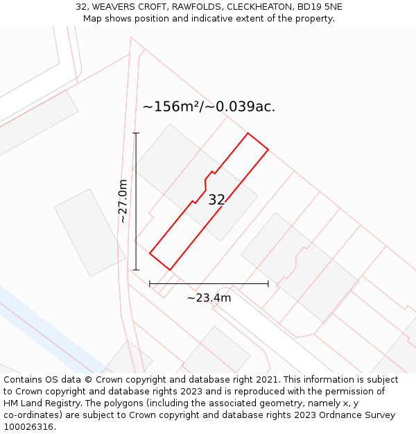 32, WEAVERS CROFT, RAWFOLDS, CLECKHEATON, BD19 5NE: Plot and title map