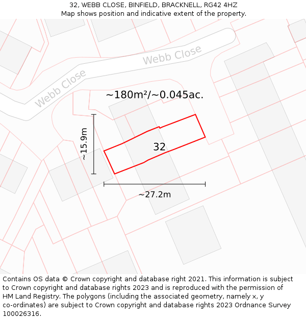 32, WEBB CLOSE, BINFIELD, BRACKNELL, RG42 4HZ: Plot and title map