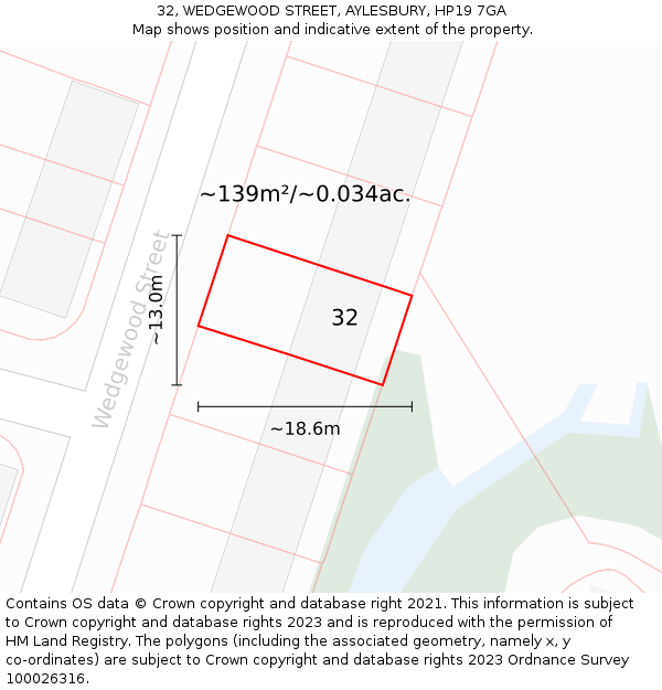32, WEDGEWOOD STREET, AYLESBURY, HP19 7GA: Plot and title map