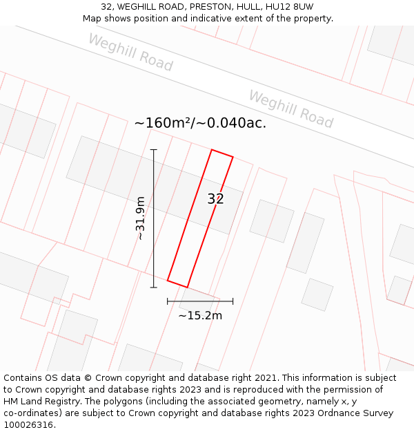 32, WEGHILL ROAD, PRESTON, HULL, HU12 8UW: Plot and title map