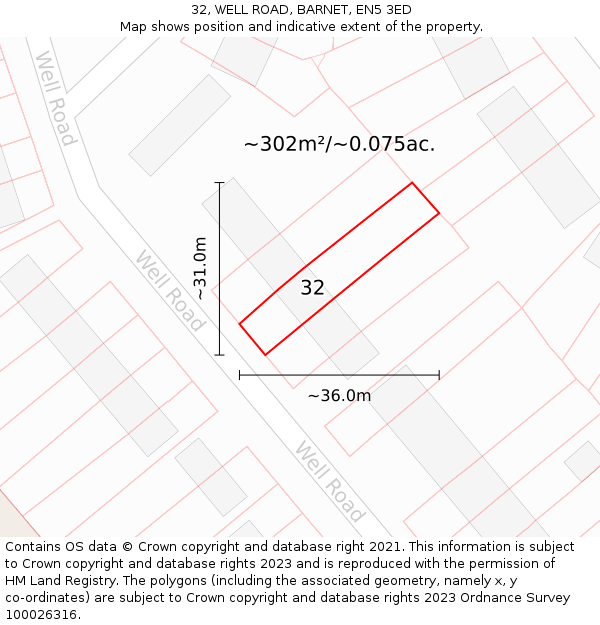 32, WELL ROAD, BARNET, EN5 3ED: Plot and title map
