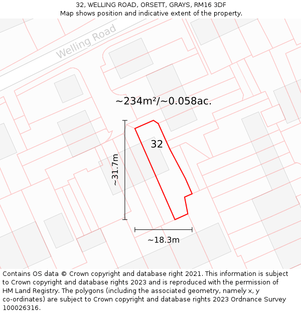 32, WELLING ROAD, ORSETT, GRAYS, RM16 3DF: Plot and title map