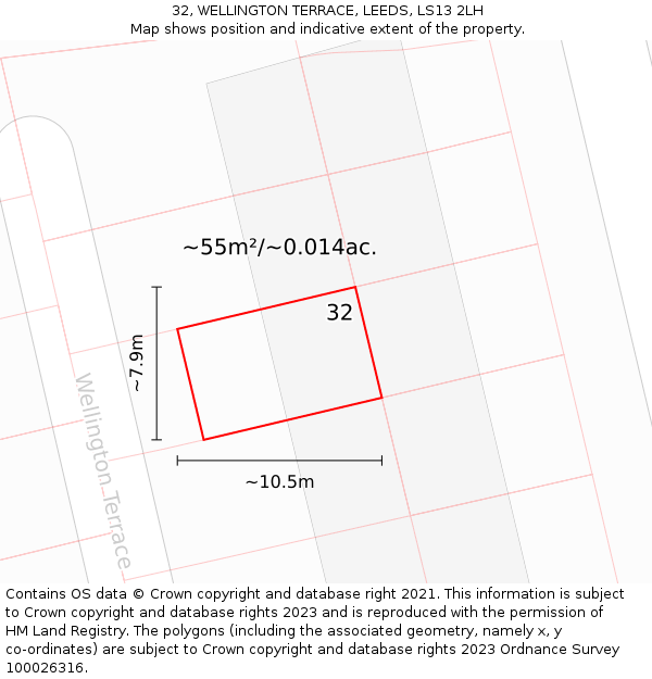 32, WELLINGTON TERRACE, LEEDS, LS13 2LH: Plot and title map