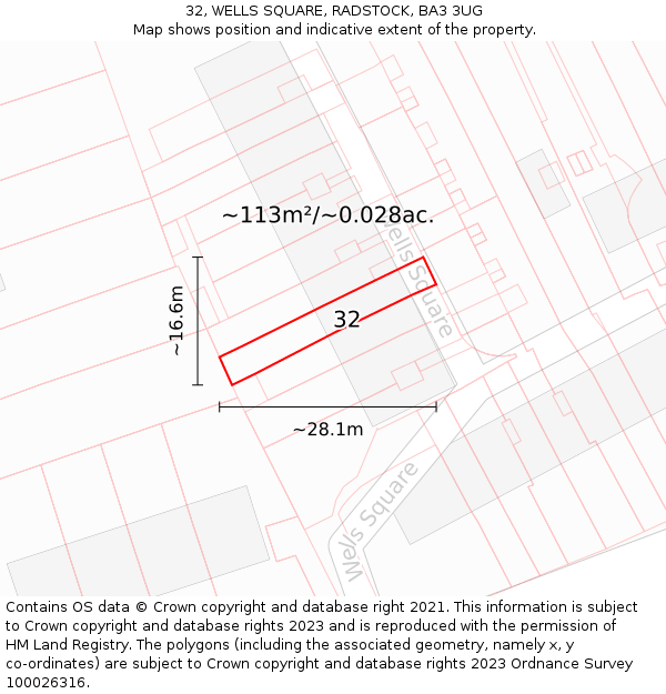 32, WELLS SQUARE, RADSTOCK, BA3 3UG: Plot and title map