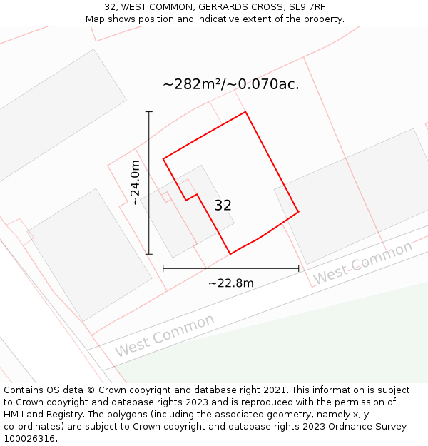 32, WEST COMMON, GERRARDS CROSS, SL9 7RF: Plot and title map