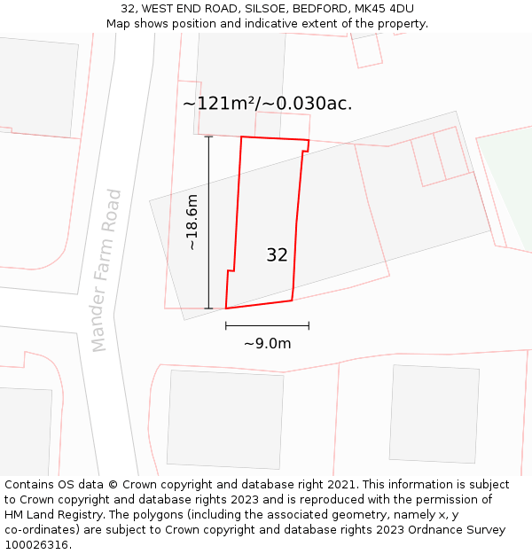 32, WEST END ROAD, SILSOE, BEDFORD, MK45 4DU: Plot and title map