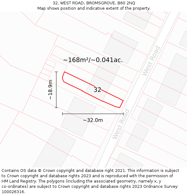 32, WEST ROAD, BROMSGROVE, B60 2NQ: Plot and title map