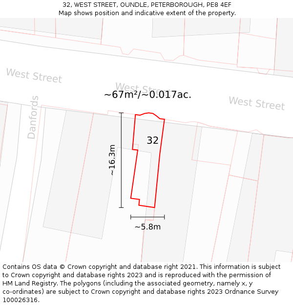 32, WEST STREET, OUNDLE, PETERBOROUGH, PE8 4EF: Plot and title map