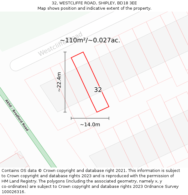 32, WESTCLIFFE ROAD, SHIPLEY, BD18 3EE: Plot and title map