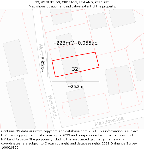 32, WESTFIELDS, CROSTON, LEYLAND, PR26 9RT: Plot and title map